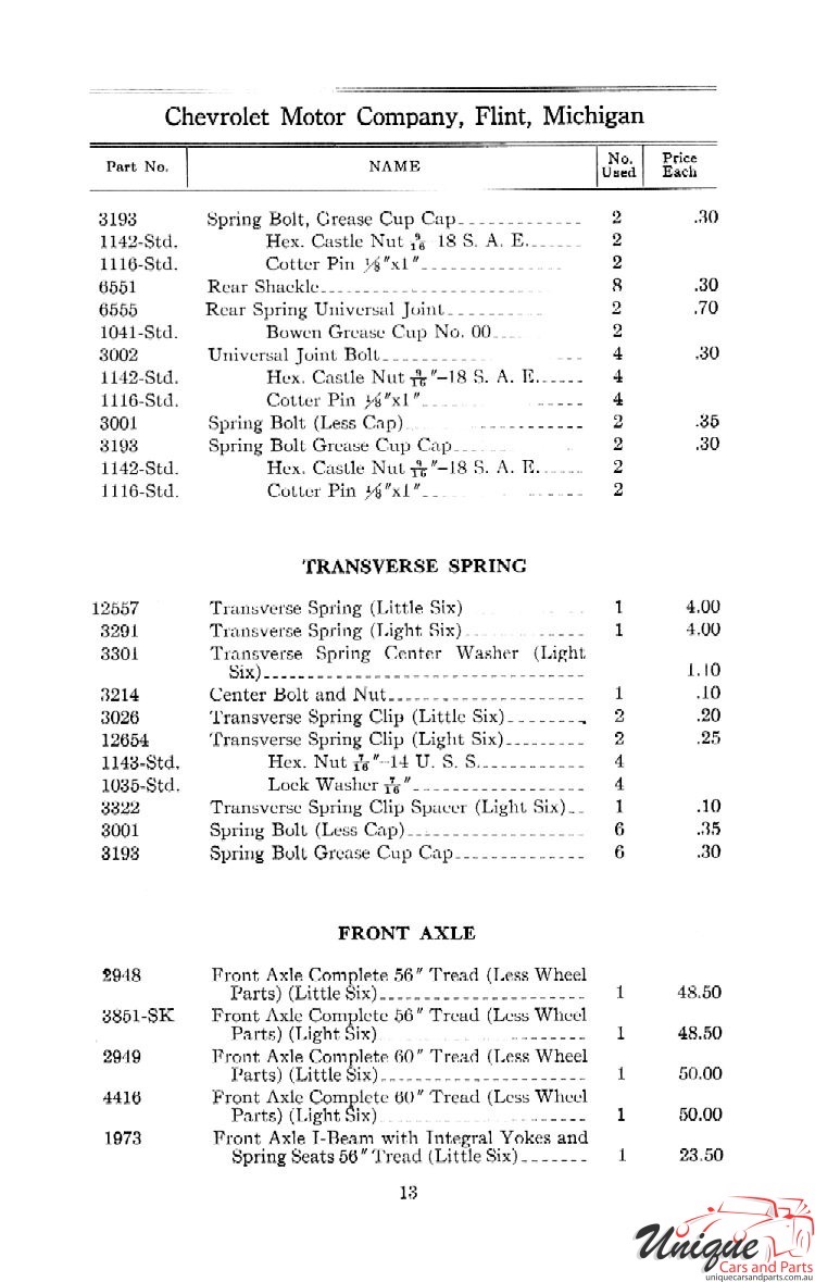 1912 Chevrolet Light and Little Six Parts Price List Page 37